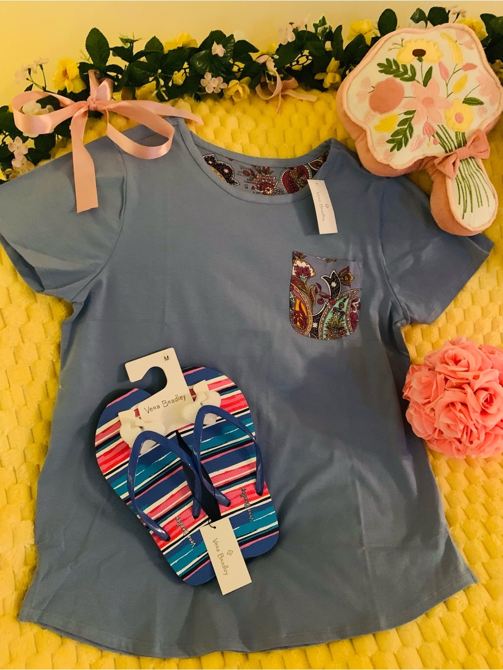 Vera Bradley Blue Paisley Cotton T Shirt LG & Flip Flops Set SZ8 Matching lounge
